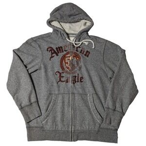 AMERICN EAGLE VINTAGE FIT Men XL Gray Cotton‎ Blend Embellished Logo Zip Hoodie